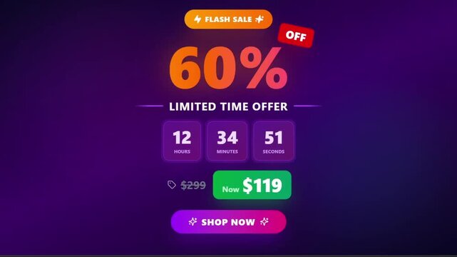 Flash sale 60 percent off promotion banner, limited time offer countdown timer video, digital marketing shop now button on purple background