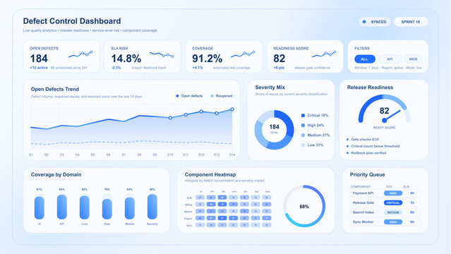 Defect Control Dashboard Analytics Interface in Light Blue Theme. Clean QA analytics dashboard - UI, UX, Kit showing open defects, SLA risk, coverage, readiness score, severity mix. Vector UI panel