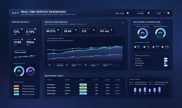 Real-Time Service Monitoring Dashboard Interface. Modern dark-mode service operations dashboard with UI, UX, Kit, live metrics, traffic charts, deployment status, alerts, monitoring table. Vector UI