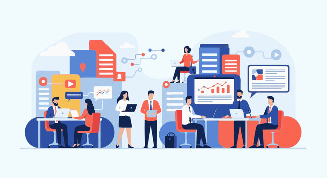 Diverse professionals collaborate on data analysis and project development, illustrating a dynamic workplace