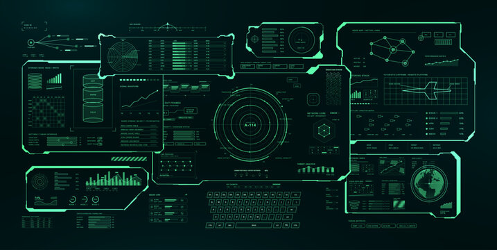 Hi-tech Futuristic HUD Dashboard Interface Collection. Cyberpunk dashboard, sci-fi control interface set with radar, analytics panels, network maps, globe data, charts, keyboard. HUD, UI. Vector