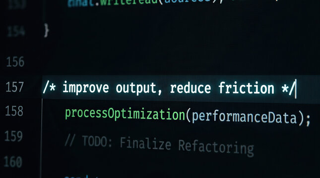 Code comment improve output reduce friction process optimization performance data software development programming screen technology digital interface macro focus glowing