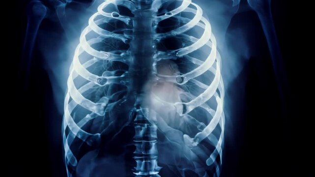 An X-Ray Image Showing the Human Rib Cage, Spine, and a Portion of the Heart, Rendered in Blue and Black Tones.