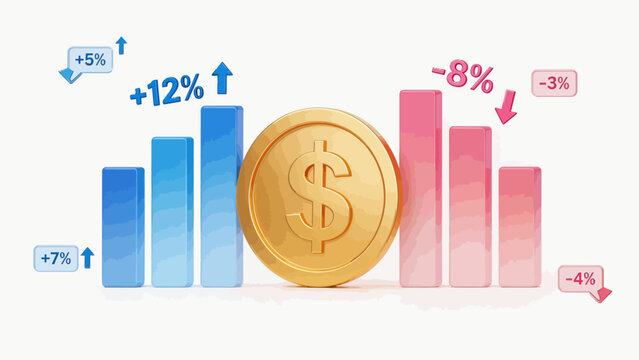 Gold coin with bar chart showing financial growth and decline