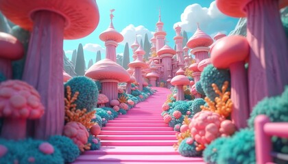 Fototapeta premium Surreal pink mushroom kingdom with fantasy castle. Whimsical landscape has bright green plants and blue sky. Magical path leads to towers in pastel wonderland.