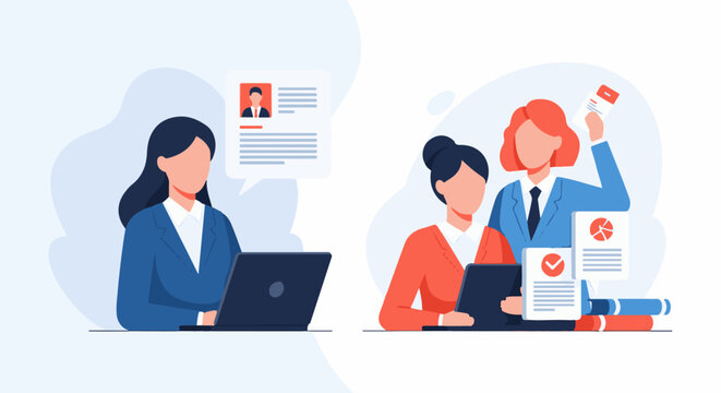 Professional women collaborating on business tasks with laptops, documents, and charts