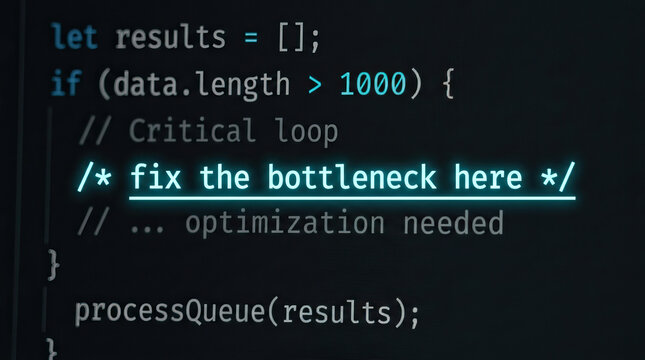Code snippet programming software development computer screen coding data processing optimization critical loop fix bottleneck JavaScript text technology digital syntax script developer debugging