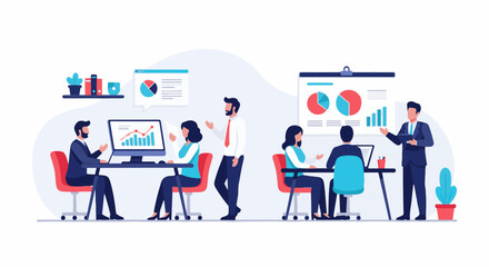 Obraz premium Office meeting with data presentation on screens and charts