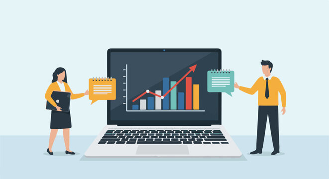 Two professionals discuss upward business trend on laptop screen displaying bar graph and rising arrow
