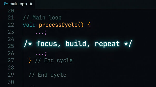 Focus build repeat code programming software development process cycle main loop glowing text computer screen technology digital script function syntax coding developer programming language