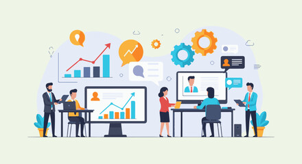 Obraz premium Diverse professionals collaborate, analyzing growth charts and discussing ideas in a modern office setting