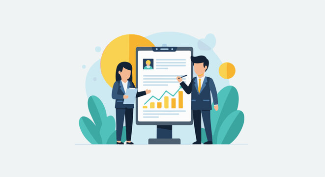 Business professionals analyze a chart and document on a screen