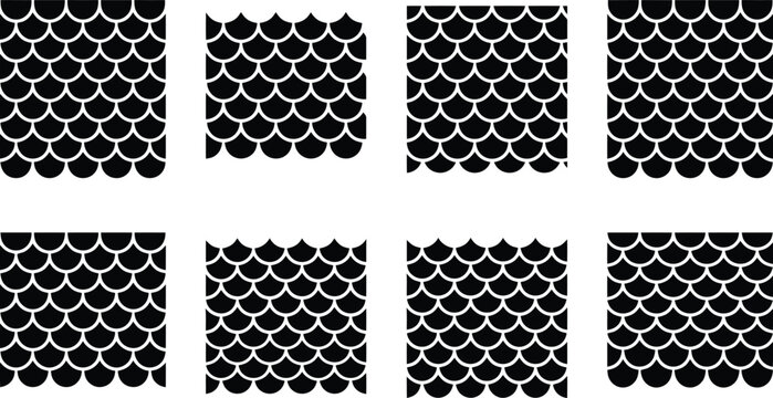 Eight Black Scale Pattern Blocks Arranged in Two Rows on a White Background texture fish