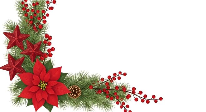 クリスマスホリデーの装飾用ポインセチアと赤い星のオーナメントが付いた松の枝のコーナー飾り christmas holiday decoration corner border