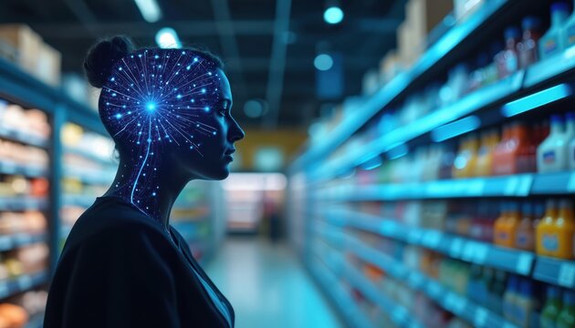 Digital brain network overlay on woman profile in blurred supermarket. Customer analyzes product choice with ai. Smart retail tech helps consumers decide purchases in store.