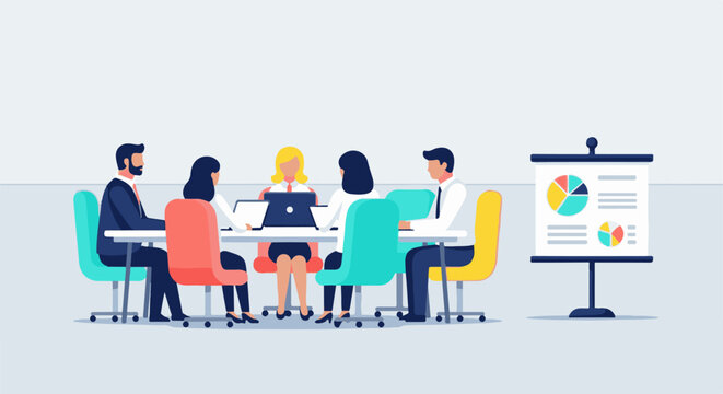 Diverse professionals in a modern office setting collaborate around a table with laptops and a presentation chart