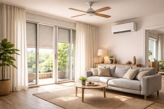Modern living room interior with wall-mounted air conditioner, ceiling fan, sliding glass doors and neutral sofa. AI generative