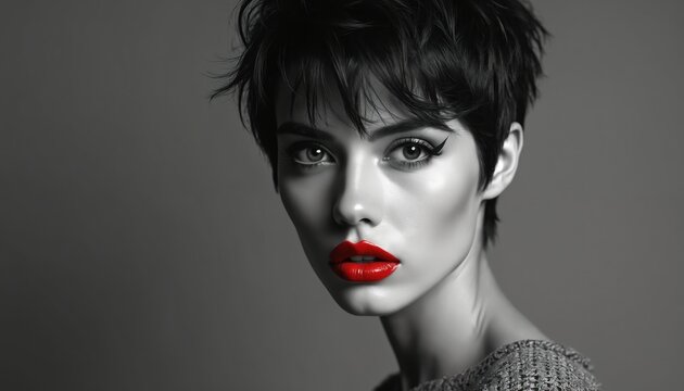 Woman with short black hair, bold red lips poses for dramatic studio portrait. Her intense gaze, striking makeup emphasize fashion, beauty trends. Monochromatic shot highlights textured details.