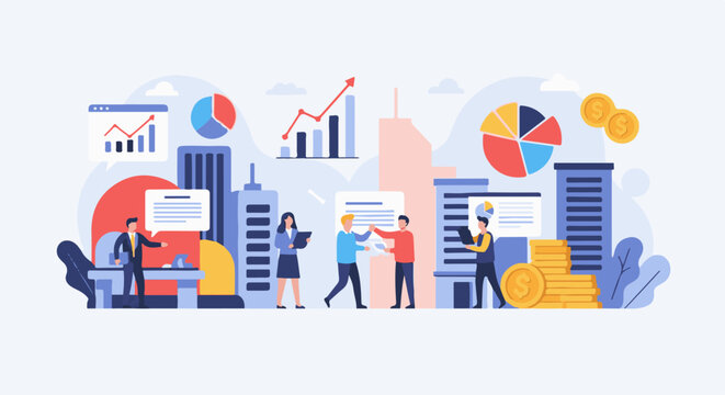 Business professionals collaborate amidst charts and city skyline, discussing financial growth