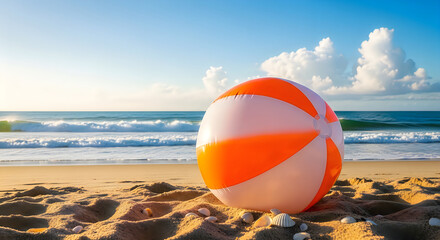 Obraz premium Bright Orange Beach Ball on Sandy Shore by the Sea Vector, illustration