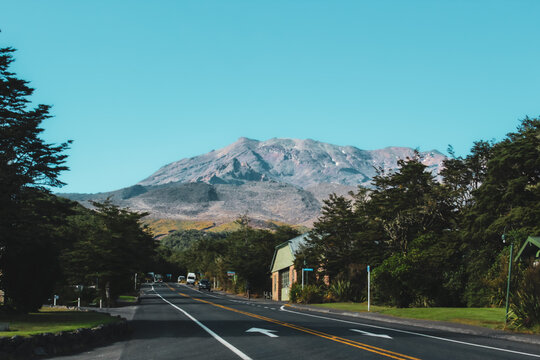 a scenic view of Mount Ruapehu in New Zealand from the roadside, the highest point on the North Island. beautiful landscape
