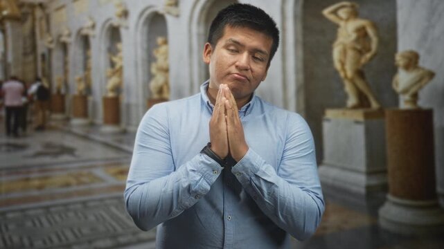 Young hispanic man with hands pressed together in prayer gesture, light blue shirt and wristwatch, standing before classical marble statues inside museum building; contemplation.