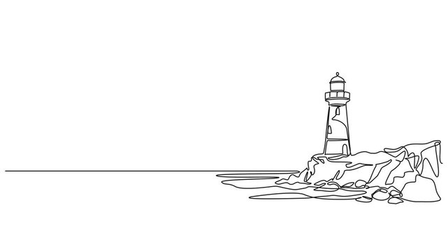 animated continuous line drawing of an old lighthouse on a cliff, line art animation