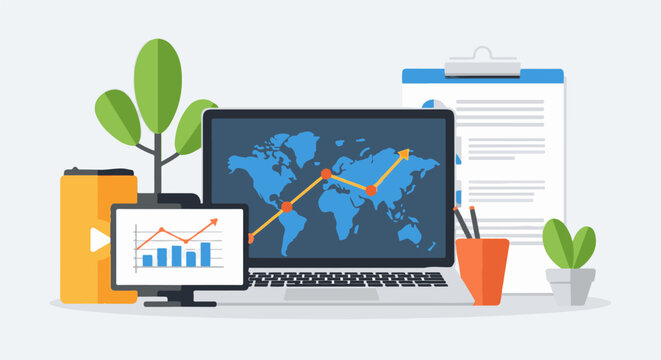 Digital workspace with world map, charts, and plants