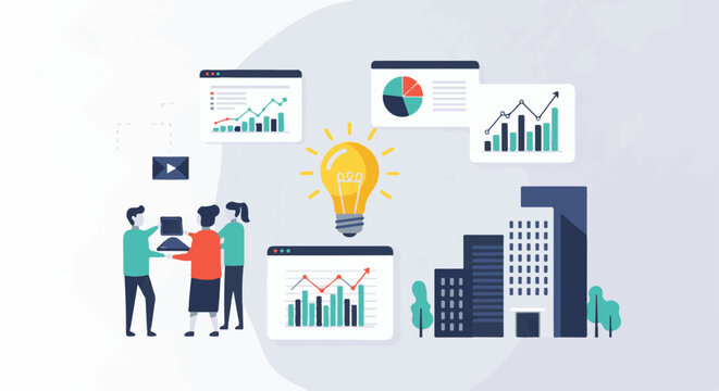Business team analyzing data and having an idea, with city buildings and trees
