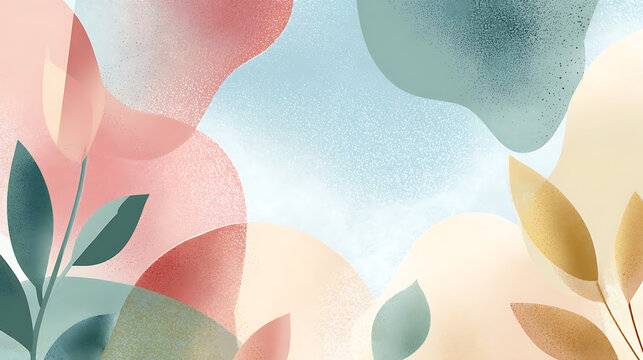 Abstract Pastel Floral Background with Organic Shapes and Botanical Leaves in Modern Minimal Style