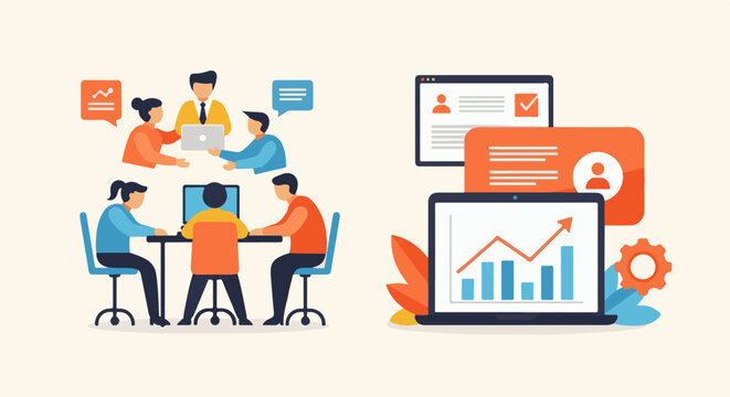 Teamwork and business growth illustrated with people, laptops, and charts