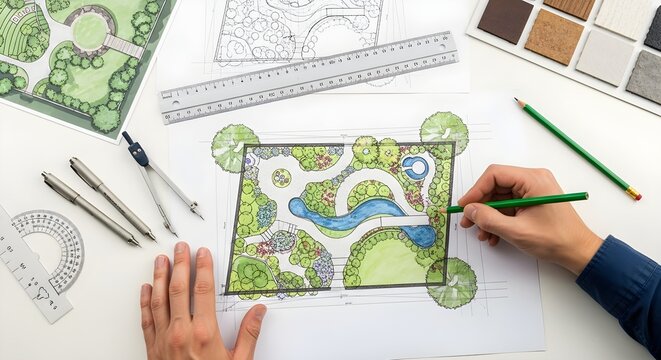 Creative Landscape Design Process with Hands Drawing a Garden Plan on Paper