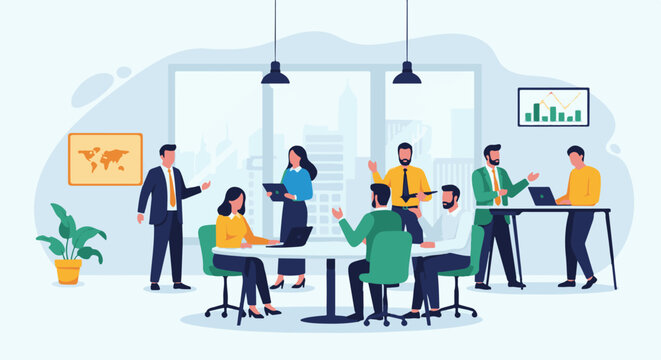 Business meeting with diverse professionals collaborating in a modern office setting