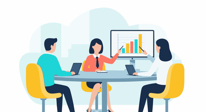 Business meeting with a presentation of bar graph data on a computer screen