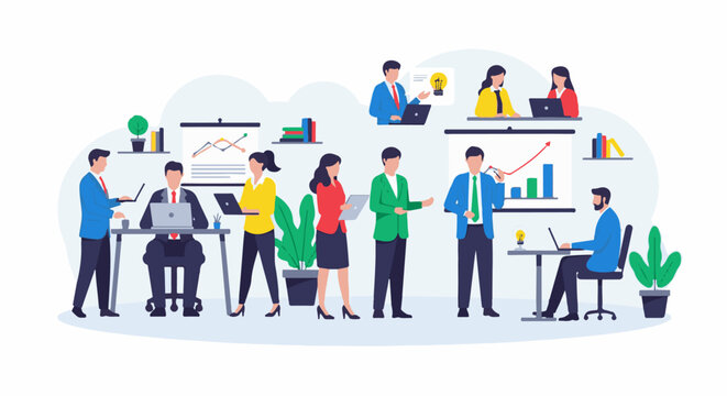 Diverse professionals collaborate in a modern office setting with charts and laptops