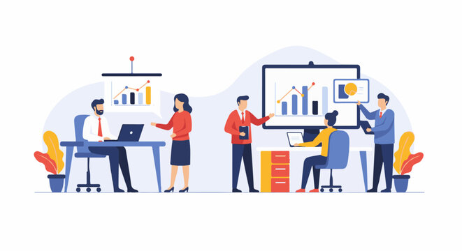 Colleagues collaborate on a project, analyzing charts and graphs in a modern office setting