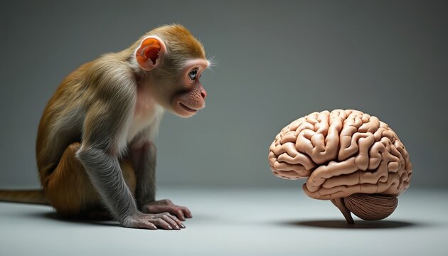 Monkey sits looking at human brain model. Primate contemplates intelligence and cognition. Symbolizes evolution and scientific research. Shows curiosity and mind study.