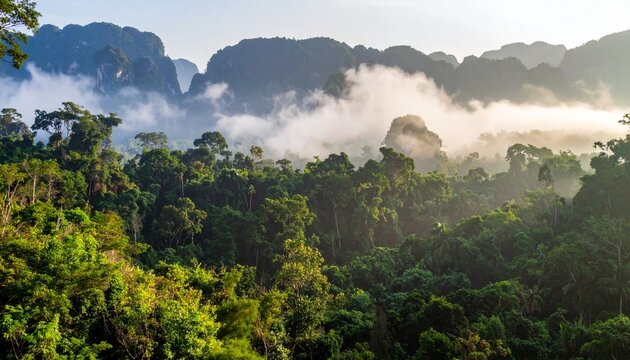Forest landscape with mountain fog