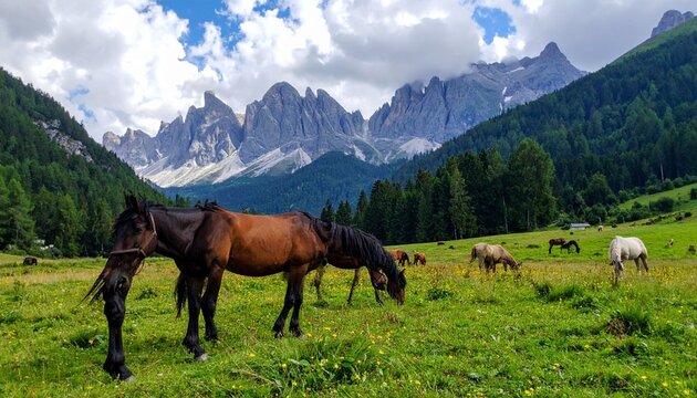 Horses grazing in mountain pasture