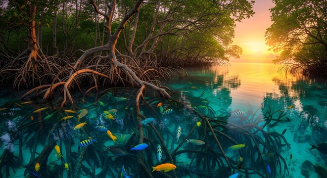 A pixelated image of a colorful underwater scene with trees and a sun
