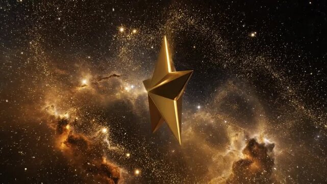 Shining golden star rotating in space against a cosmic background with glittering particles and nebulas