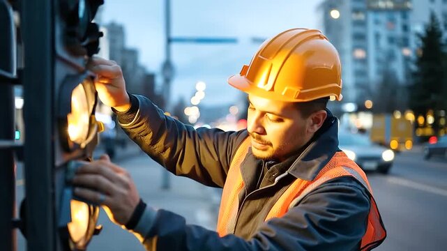 Faceless technician installing new traffic light system, defocused urban infrastructure background, repair and construction, city road safety network maintenance, with copy space