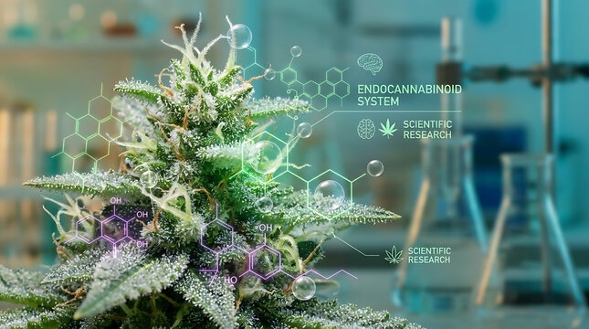 Microscopic View of Flowering Cannabis Plant Bud with Digital Molecular Structure Overlay Representing Scientific Research on Endocannabinoid System Regulation and Medicinal Marijuana Bioactive Health