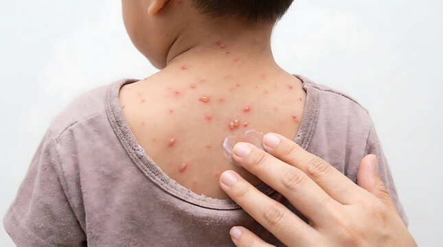 Toddler child back with red blisters symptom of varicella chickenpox disease viral infection. Small itchy spots spread over skin neck and shoulder. Pediatric medical illness skin condition.
