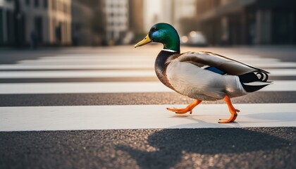 Naklejka premium Male mallard duck walking across a pedestrian crossing in a modern city environment representing urban wildlife safety and animal rules concept with cinematic sunlit tones