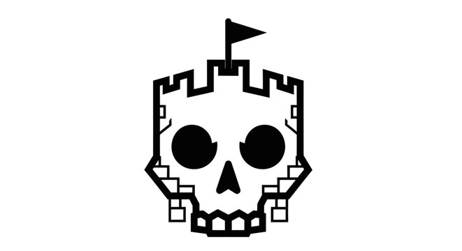 Minimalist black skull castle logo icon on white background