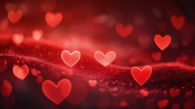 Romantic background with glowing red hearts and glitter bokeh