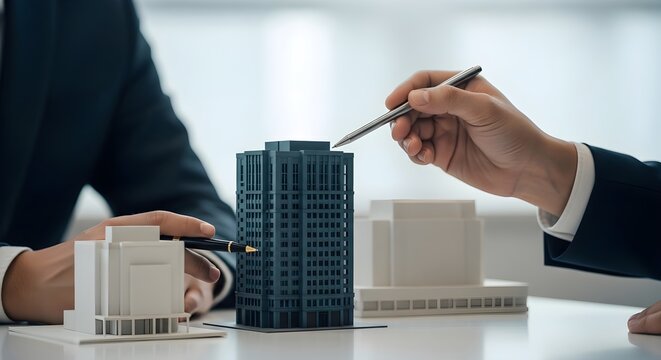 Business Professionals Discussing a Modern Skyscraper Architectural Model Project