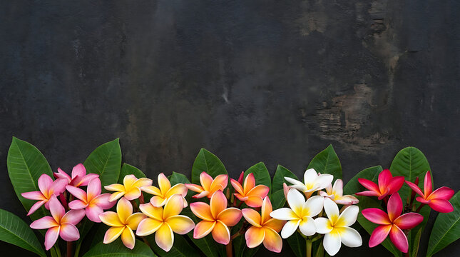 Vibrant tropical frangipani plumeria blossoms with lush green foliage arranged along the bottom border set against a dark moody textured backdrop with copy space for text and design elements.