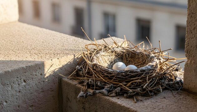 Pigeon nest on building ledge with two white eggs in the sunlight representing an urban wildlife and new life concept for real estate or nature themes